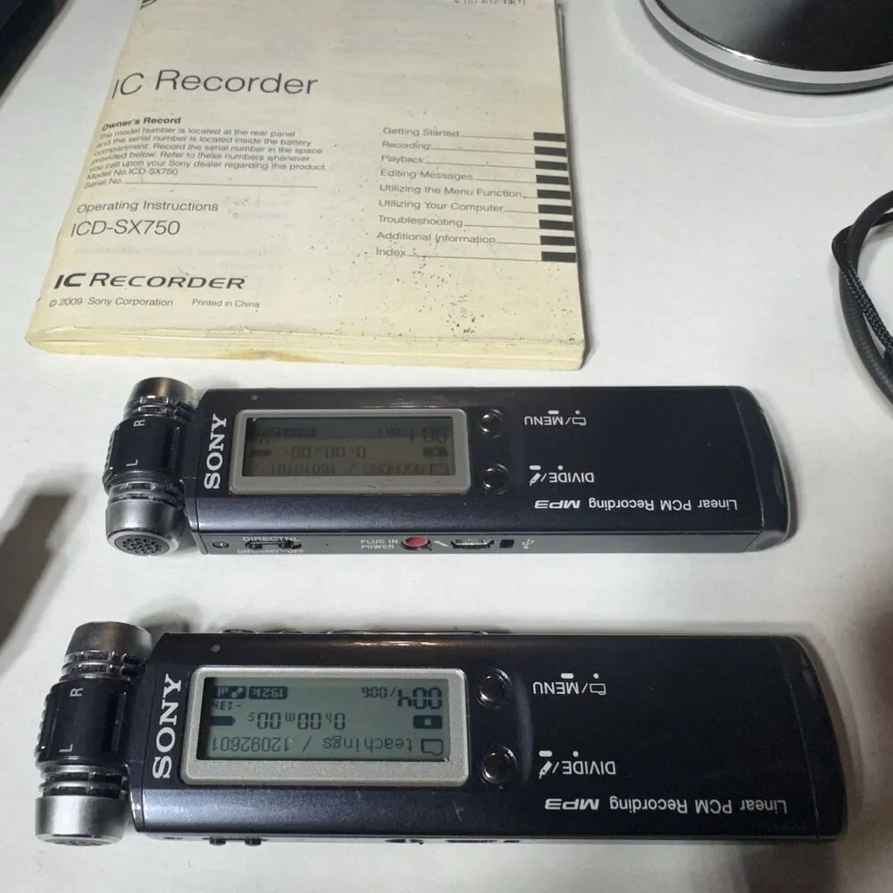 Two Sony ICD SX750 Digital Recorders with Cases, Dock, Cables, Manual